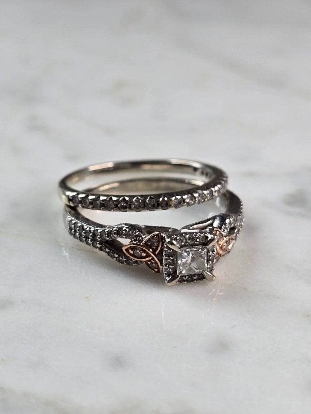Womens Vintage Estate 10K White & Rose Gold Diamond Ring Set, 5.5g E1953